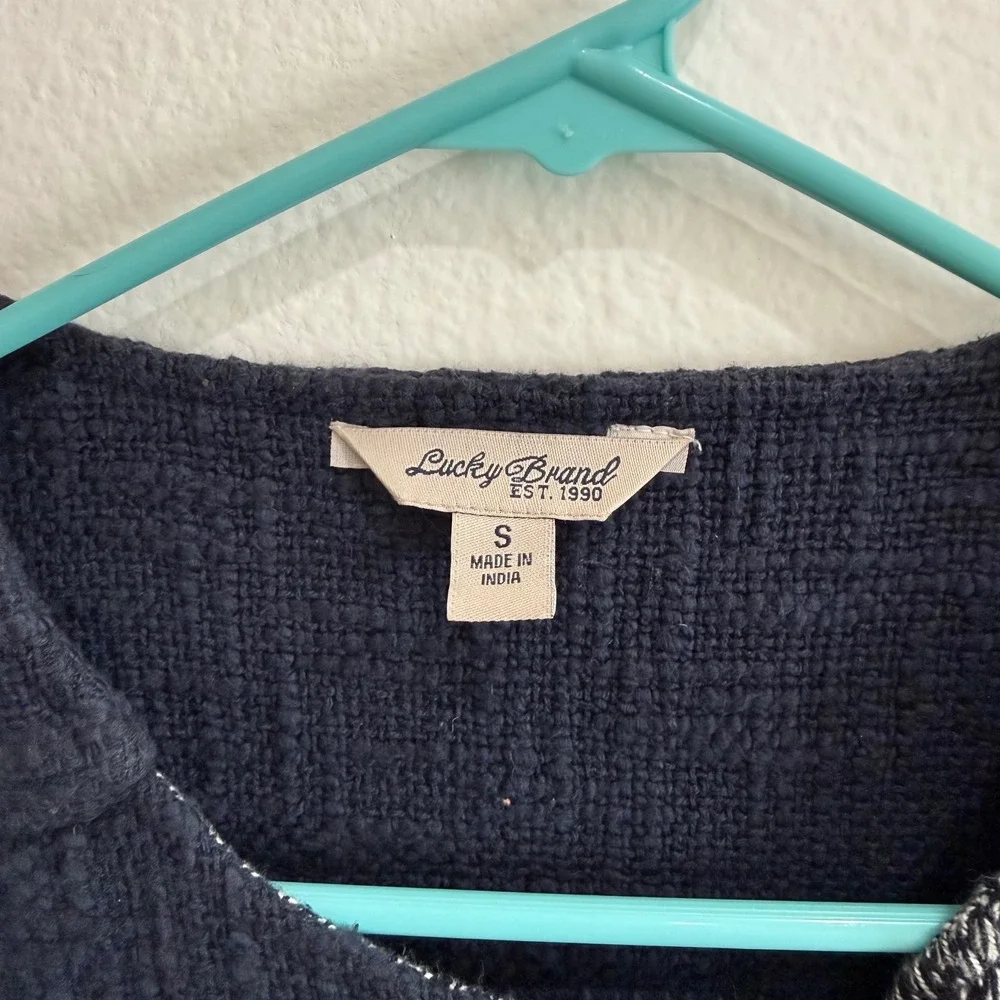 Lucky Brand Navy Blue Embroidered Moto Jacket Cotton Knit Gray Geometric Small